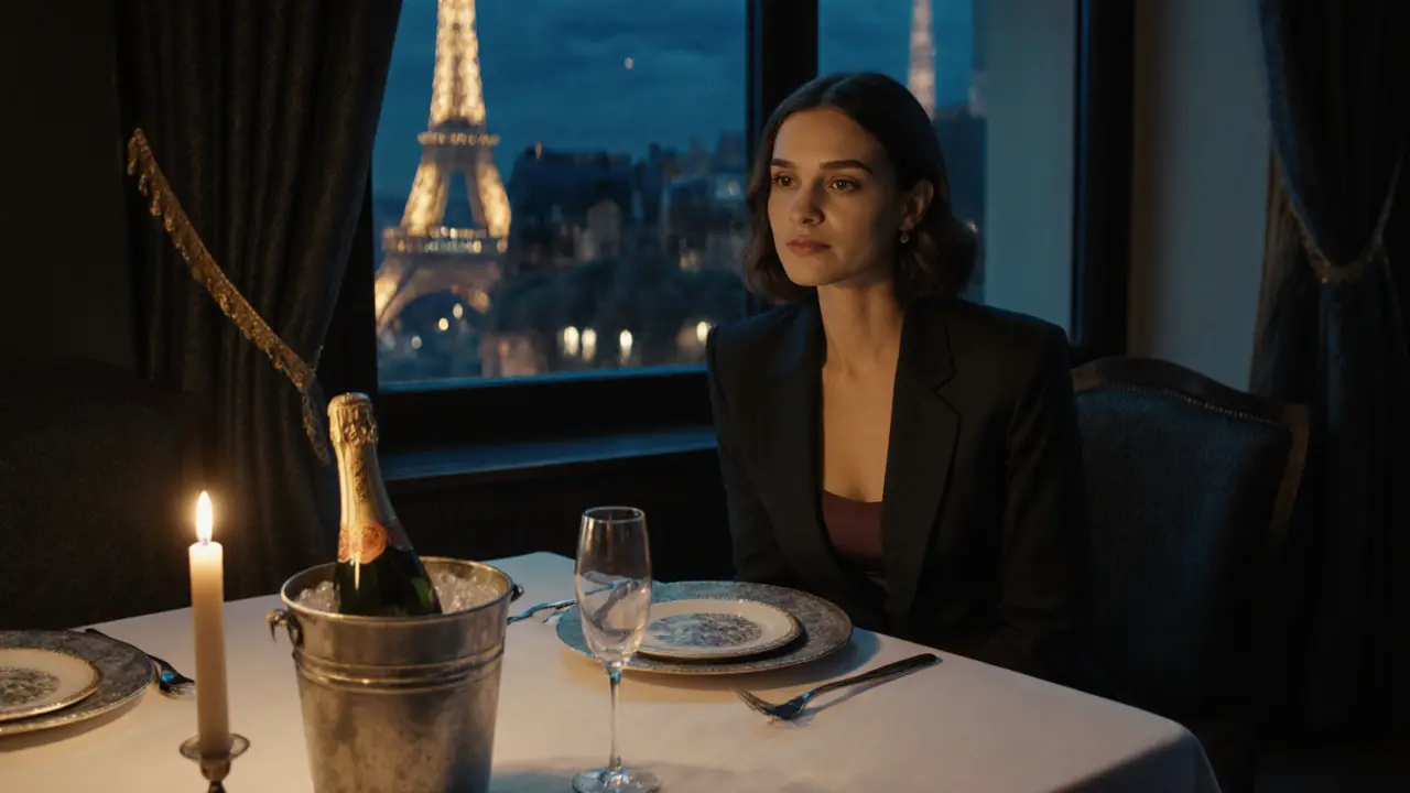 A candlelit dinner for two in a Parisian private dining room, with champagne and distant Eiffel Tower glow.