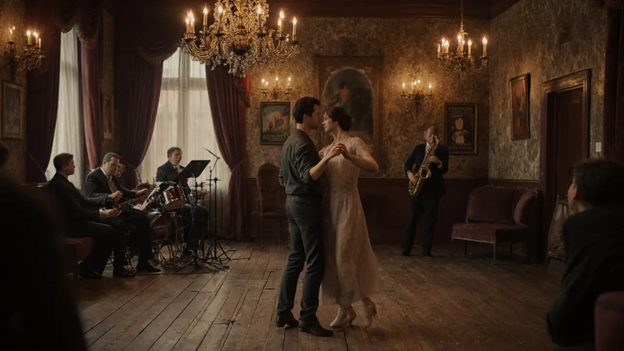 A couple dances slowly in a vintage Berlin ballroom with candlelight and live jazz in the background.
