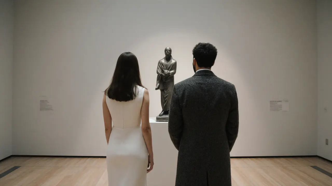A man and woman observing art together in a quiet museum setting.