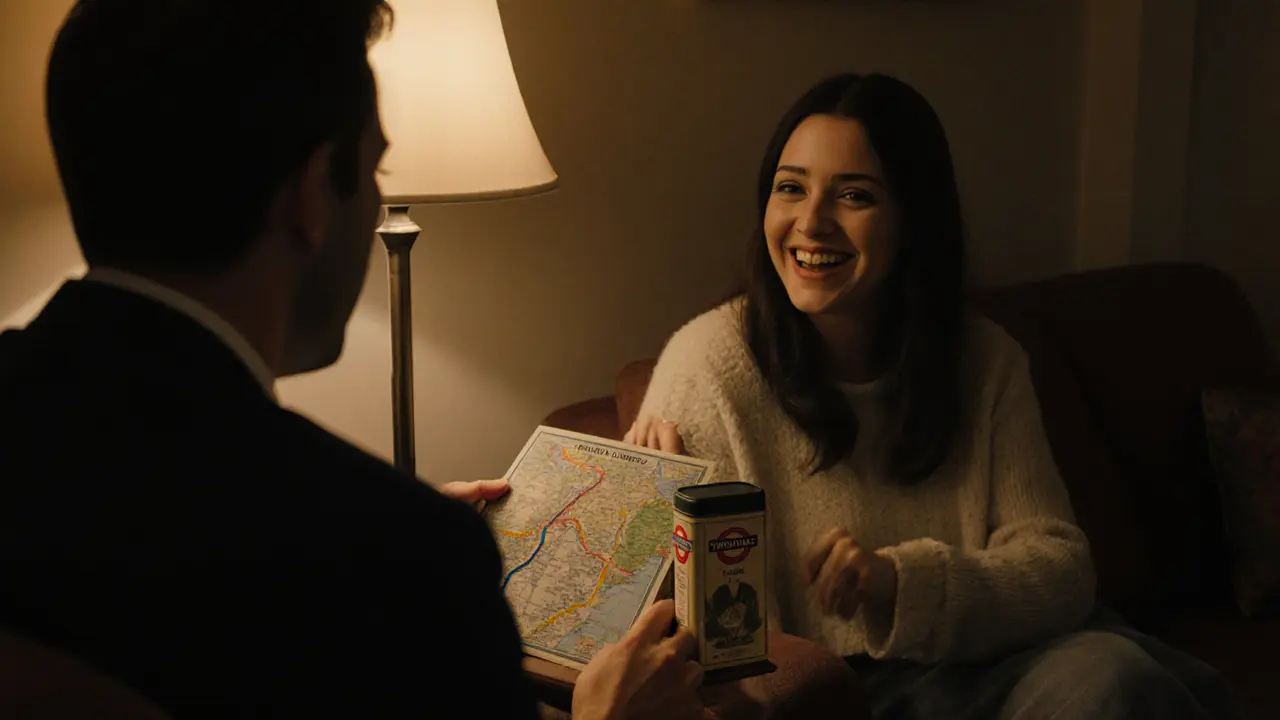 A man placing a vintage Tube map and tea tin on a table beside a woman during a quiet evening conversation.