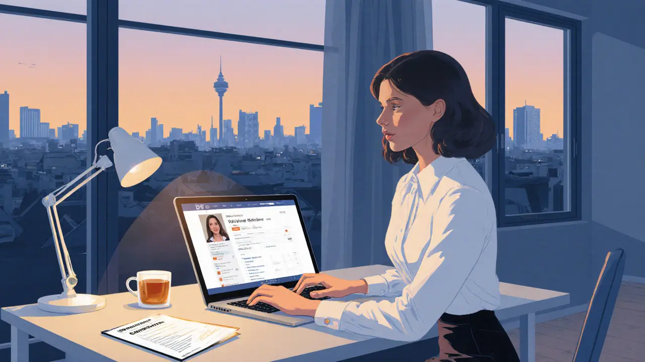 A professional woman working from her Berlin apartment with verified platform profile and documents visible.