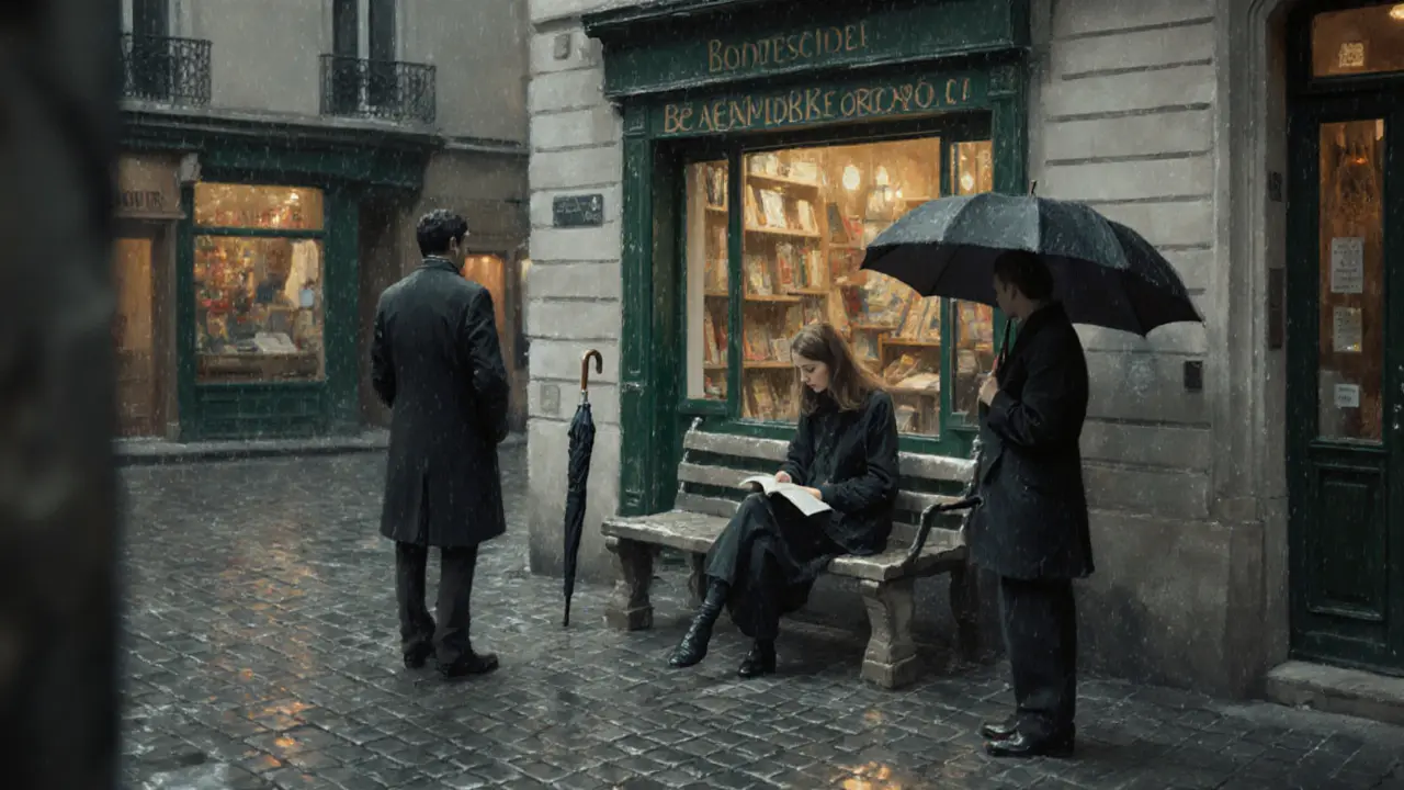 A serene courtyard scene in Saint-Germain-des-Prés at dusk, with a woman reading and a man looking at a bookstore.