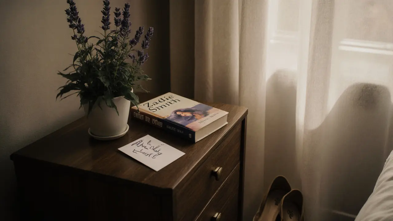 A spa gift card, lavender plant, and book on a nightstand at dawn, shoes nearby in a peaceful room.