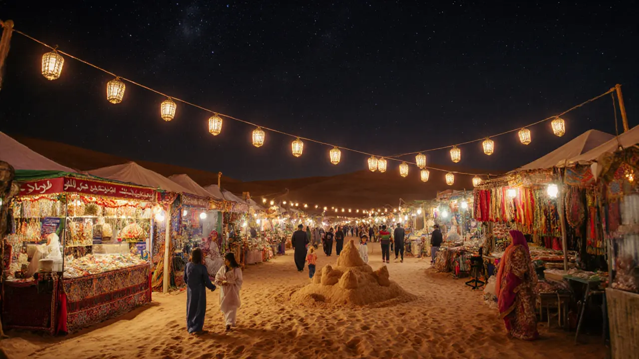 AlDhafra Night Market at night with lanterns, stalls, and families.