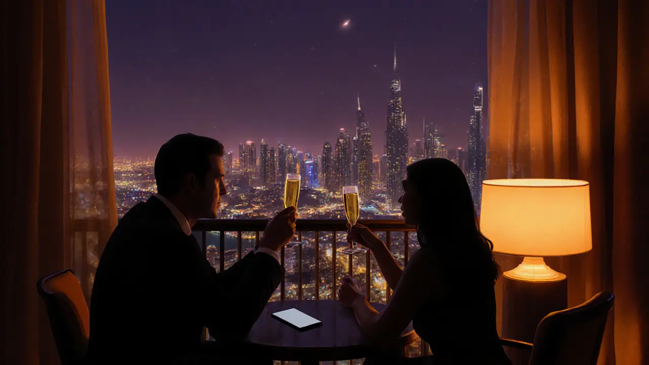 Balcony view of Dubai at night with a couple enjoying champagne under a warm lamp.