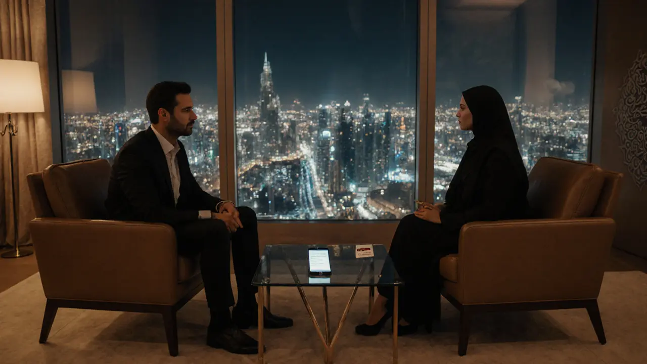 Companion and client seated in a hotel lounge, sharing a quiet conversation.