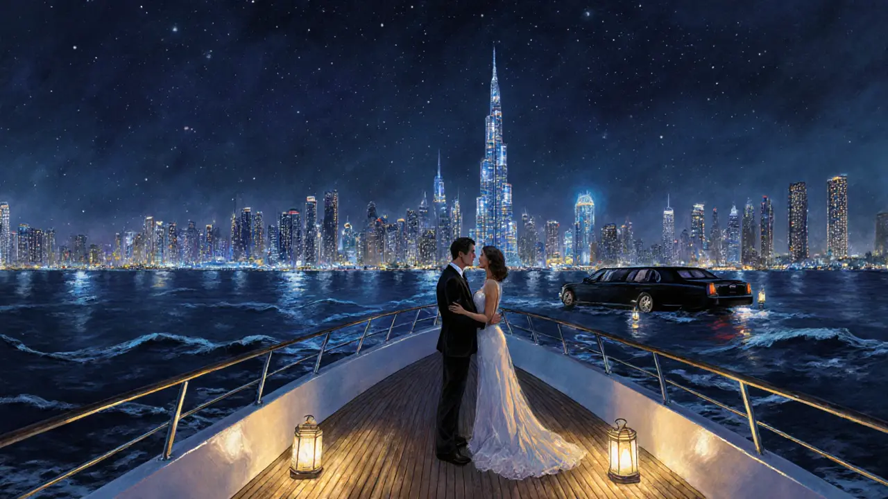 Couple and escort aboard a lantern‑lit yacht under a starry Dubai skyline.