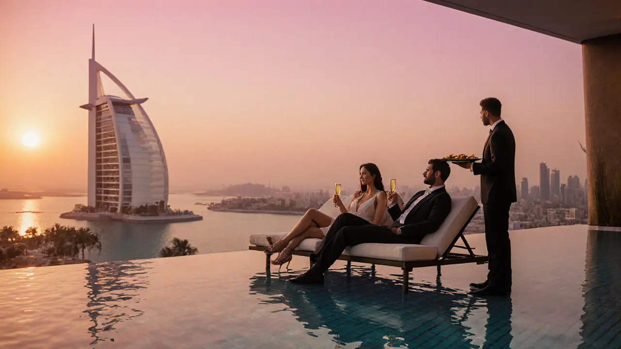 Couple and escort enjoying a sunset rooftop pool at a luxury hotel, champagne in hand.