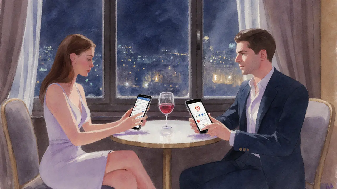 Couple sharing wine in a hotel lounge, their phones displaying itinerary and emergency contact.