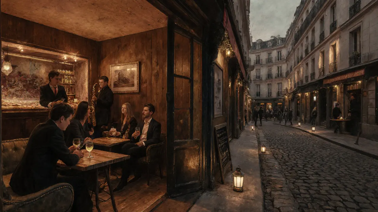Cozy speakeasy with jazz trio, wine glasses, and intimate lighting.