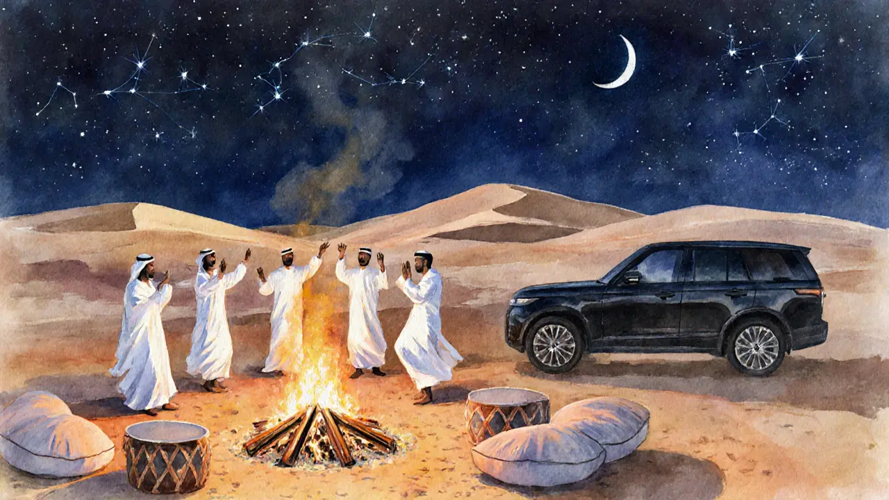 Desert night safari scene with fire, dancers, stars and dunes.