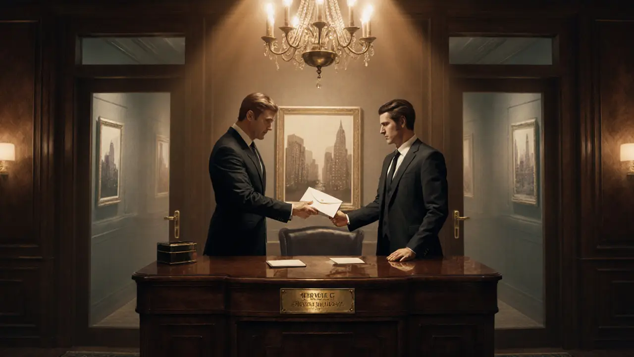 Discreet boutique agency interior with a consultant handing an envelope to a client.