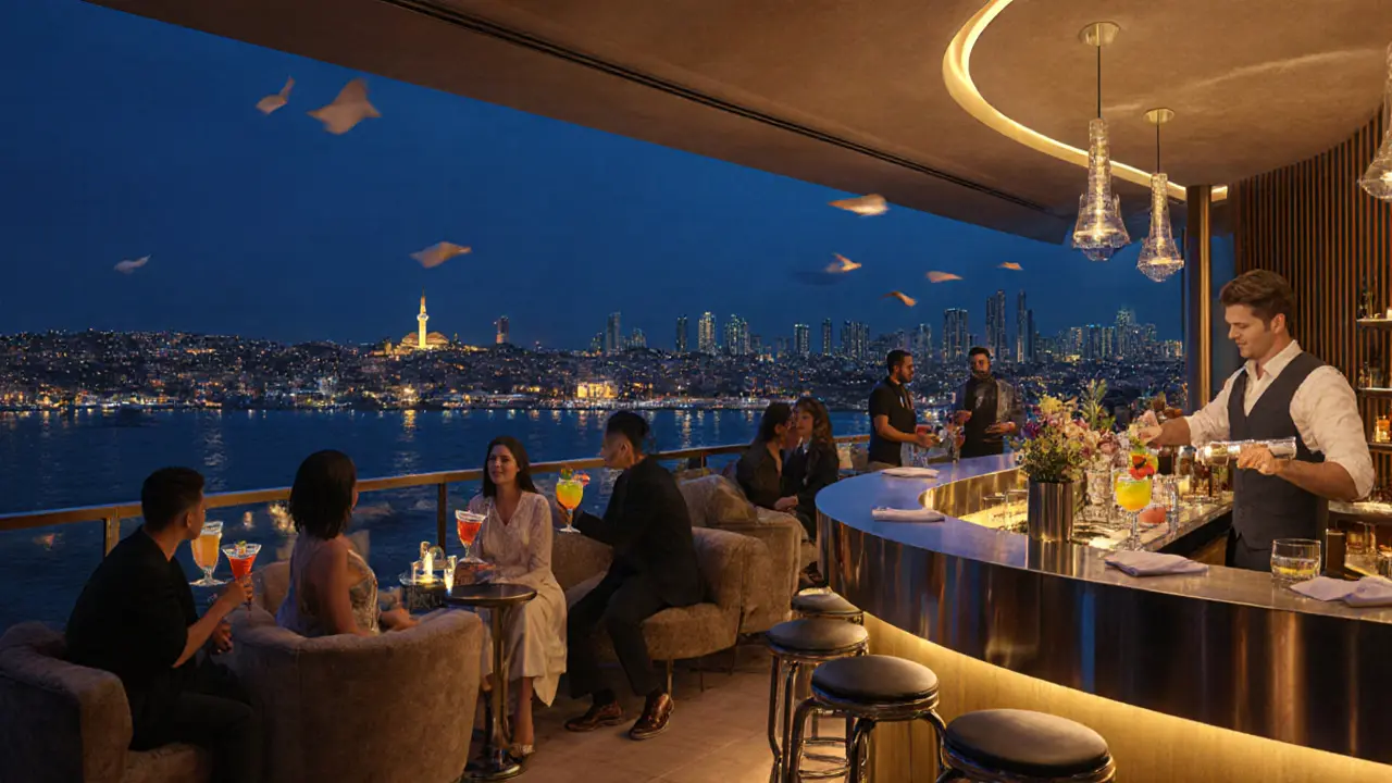 Elegant rooftop bar overlooking Istanbul’s illuminated skyline, people enjoying cocktails.