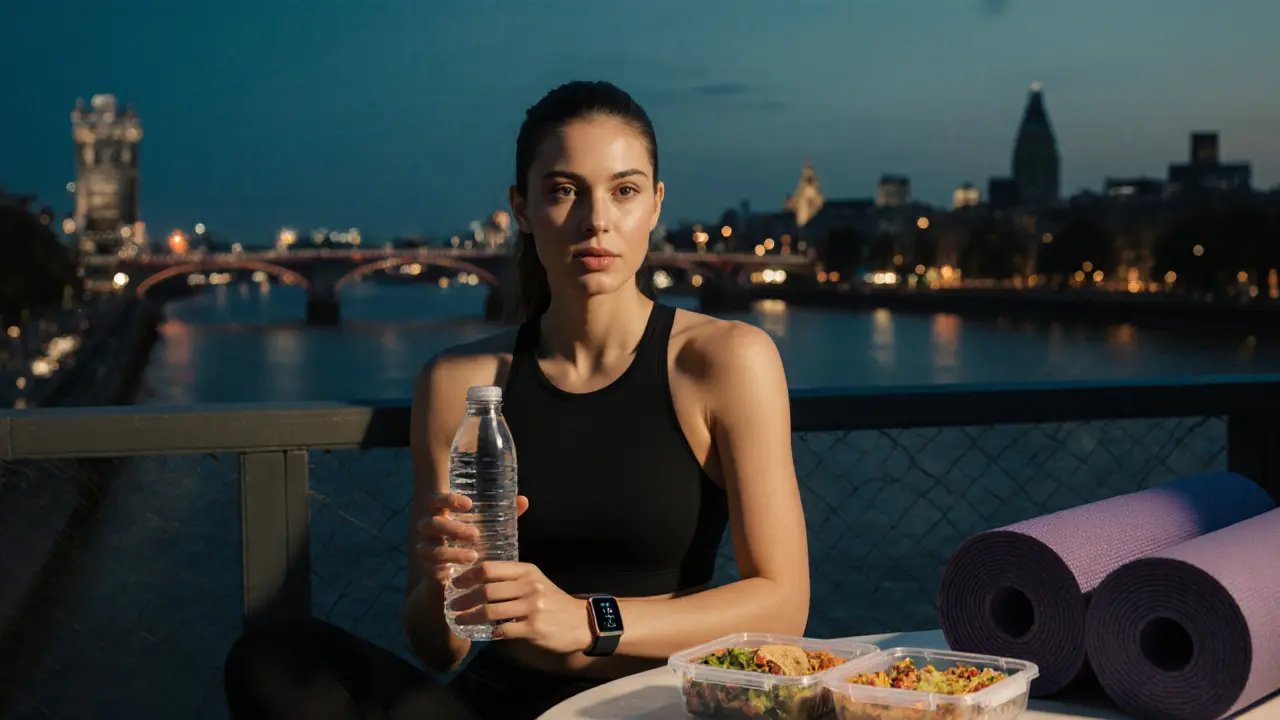 Escort on a balcony with meal‑prep containers, water bottle, and a glowing fitness tracker.