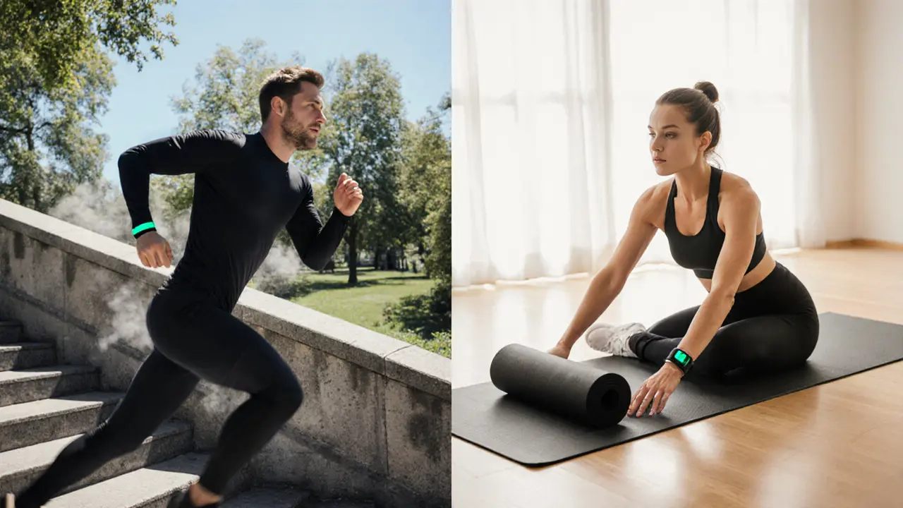 Escort sprinting on park stairs beside another performing Pilates on a mat, both wearing trackers.