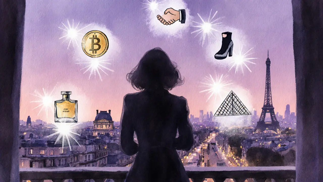 Floating icons of wealth, culture, and safety surround a woman against a twilight Paris skyline.