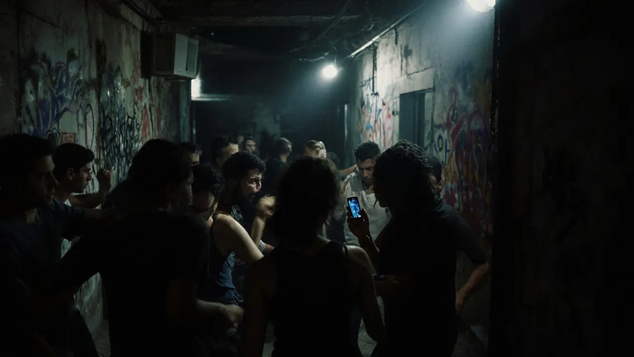 Hidden underground party with raw industrial vibe and diverse crowd dancing.