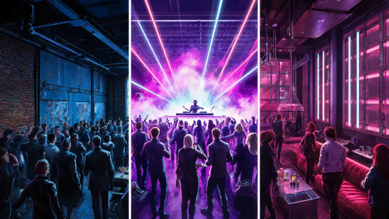Illustration of Alcatraz club showing three rooms with dancing crowds and neon lights.