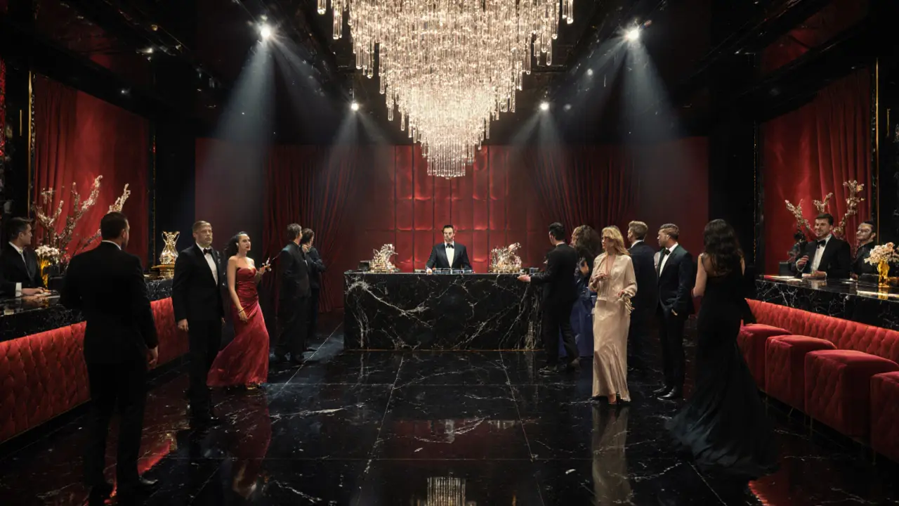 Inside Armani/Privé nightclub with elegant guests and vibrant lighting.