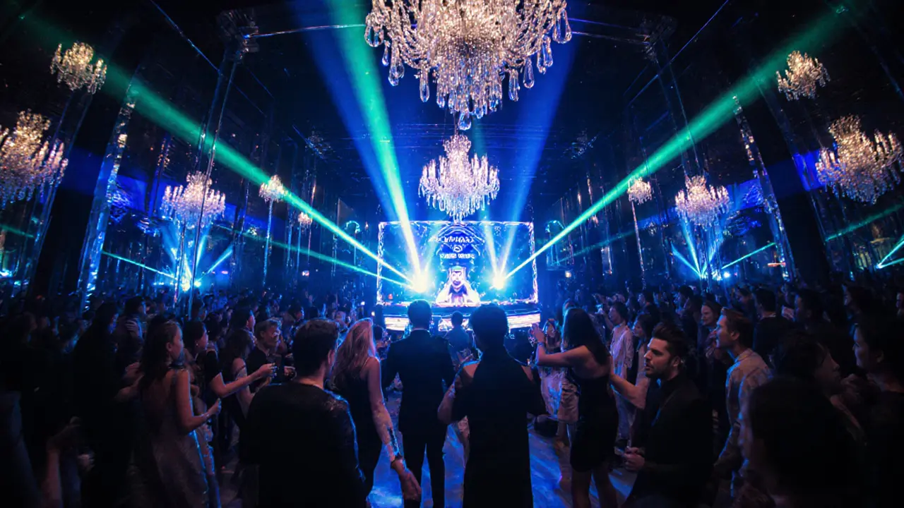 Inside Cavalli Club with LED lights, mirrored walls, and dancing crowd.