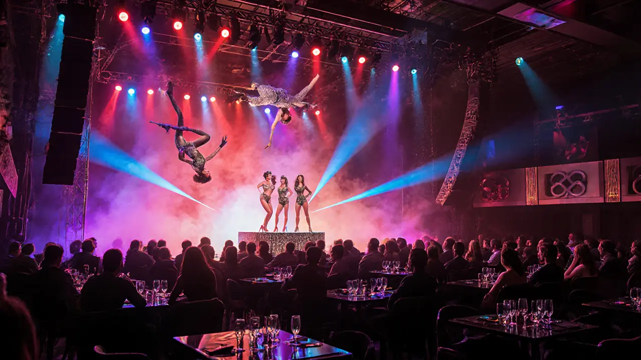 Inside Coco Bongo Abu Dhabi with performers, lasers and a lively crowd.