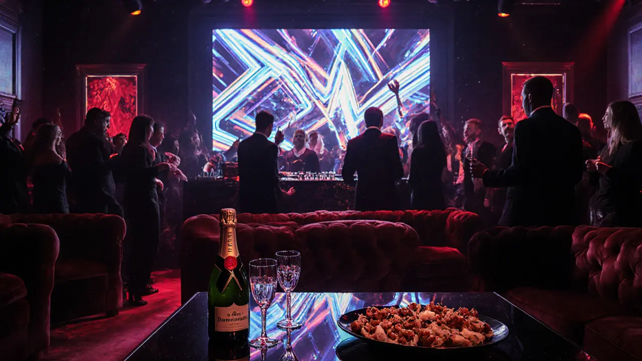 Interior of Jimmy&#039;z club with DJ booth, neon lights, VIP table, and guests in black‑tie attire dancing.