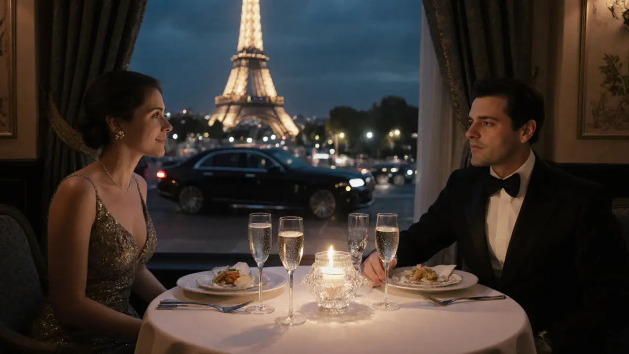 Intimate dinner at a Michelin restaurant with a companion and client, Eiffel Tower visible.