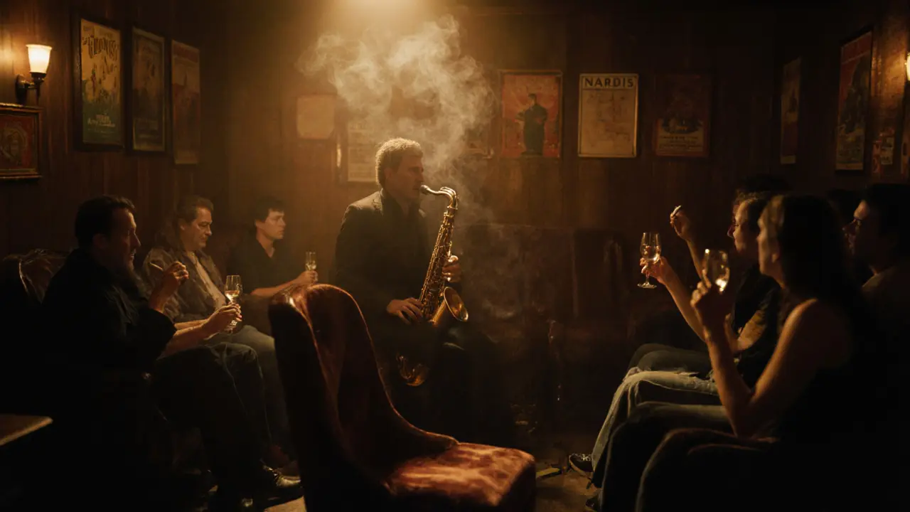 Jazz musician playing saxophone in a dimly lit basement club, patrons listening intently.