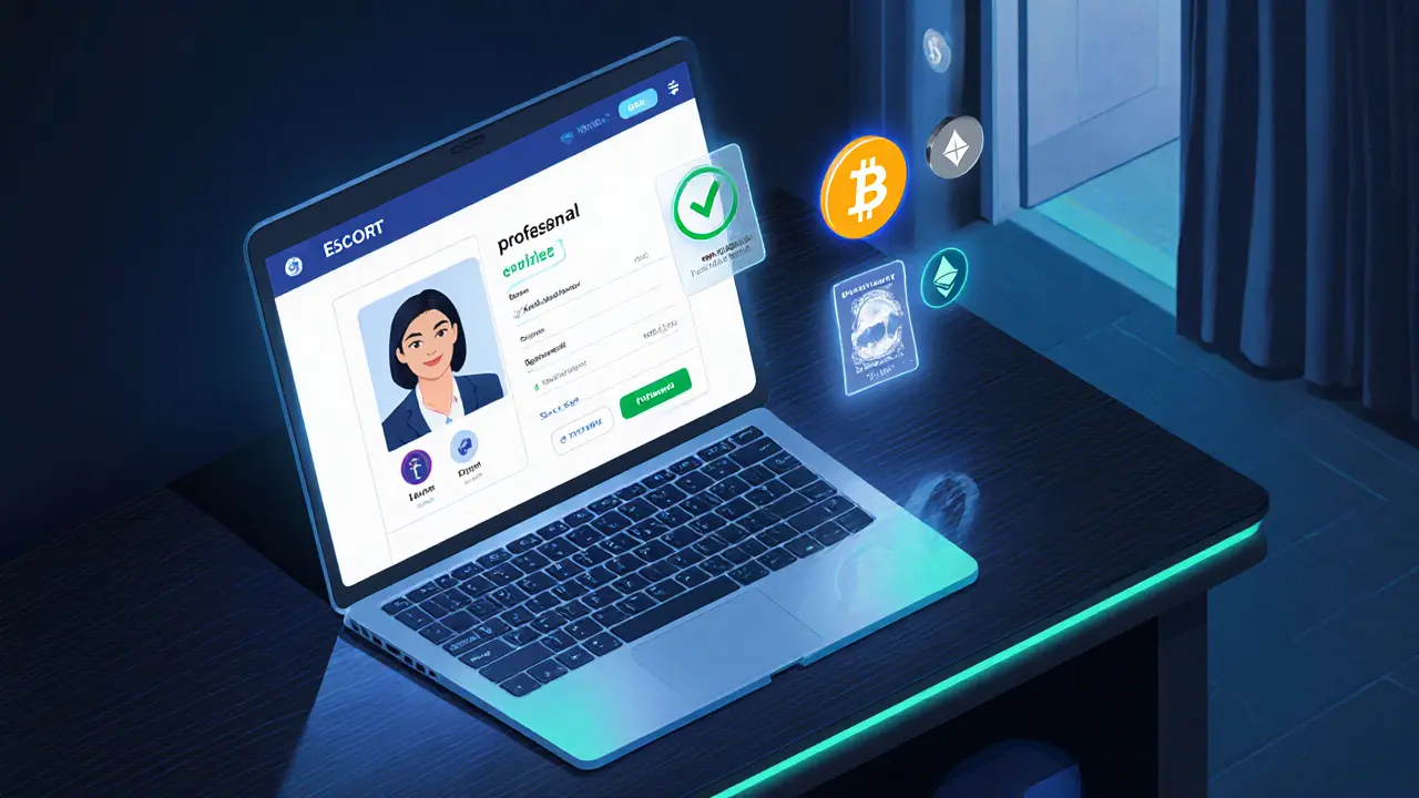 Laptop screen showing an escort profile with ID verification and crypto payment icons.