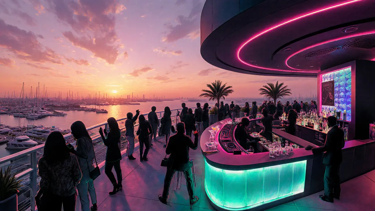 Level 43 rooftop bar showing sunset over the Persian Gulf and lively patrons.