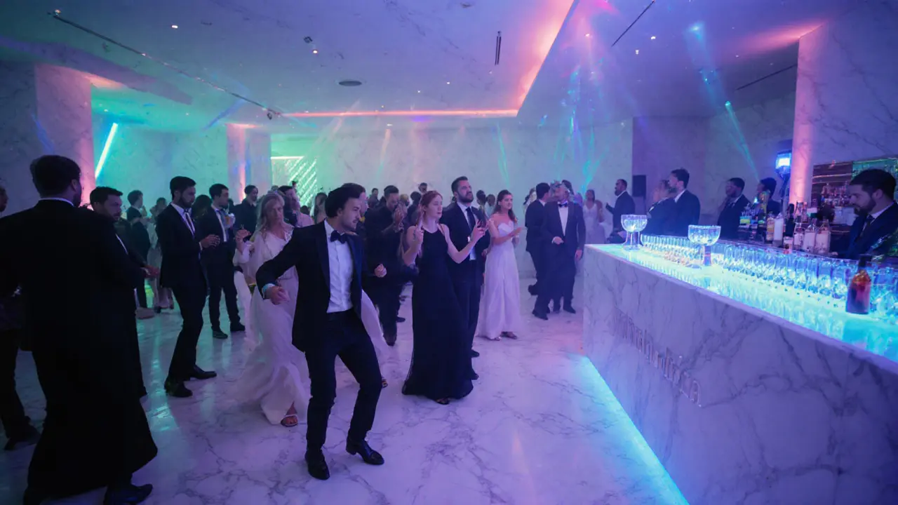 Luminous white nightclub interior with pulsing LED lights and stylish dancers.
