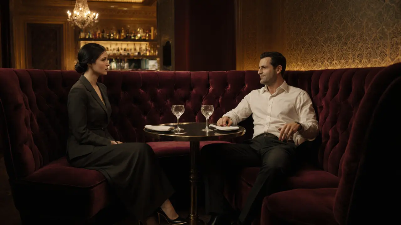 Luxurious hotel lounge scene with a well‑dressed man and woman sharing a private booth, engaged in conversation.