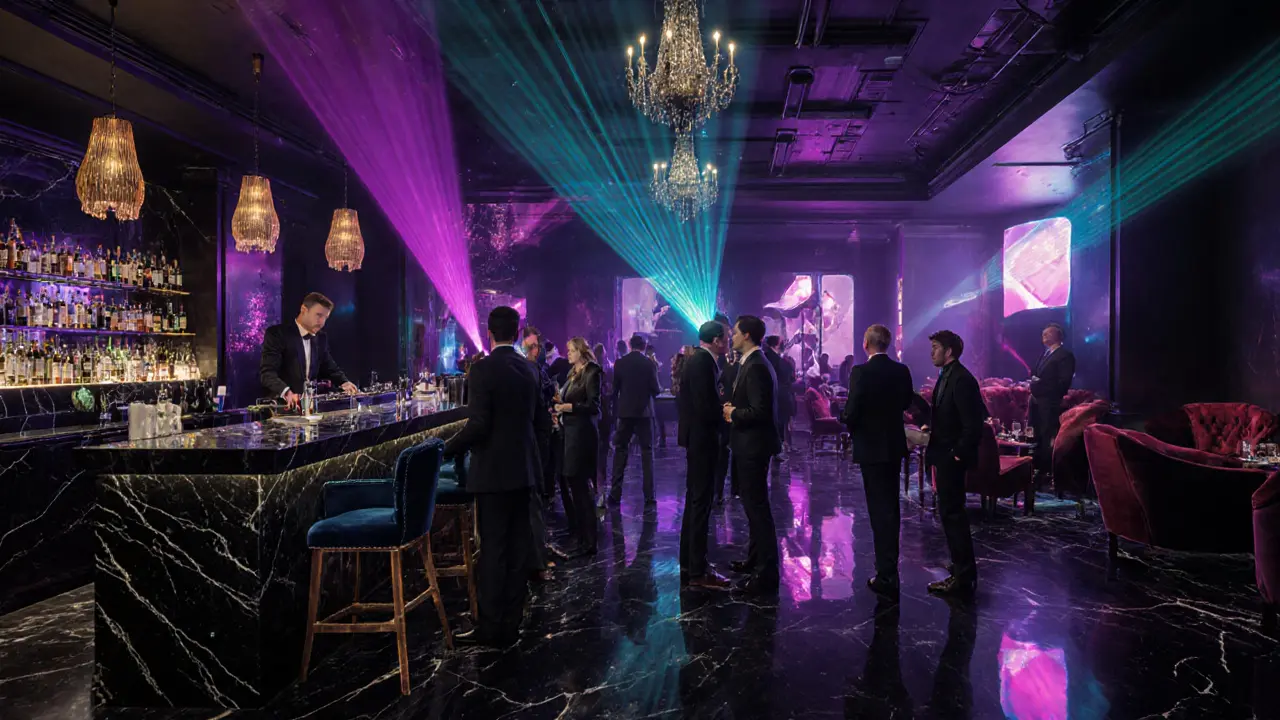 Luxurious nightclub interior with dancing crowd and vibrant lighting.