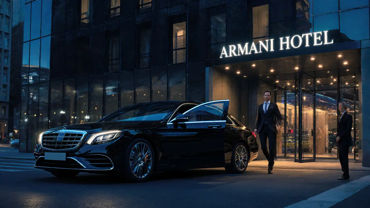 Luxury car arrives at Armani Hotel, escort opening door for client under streetlights.
