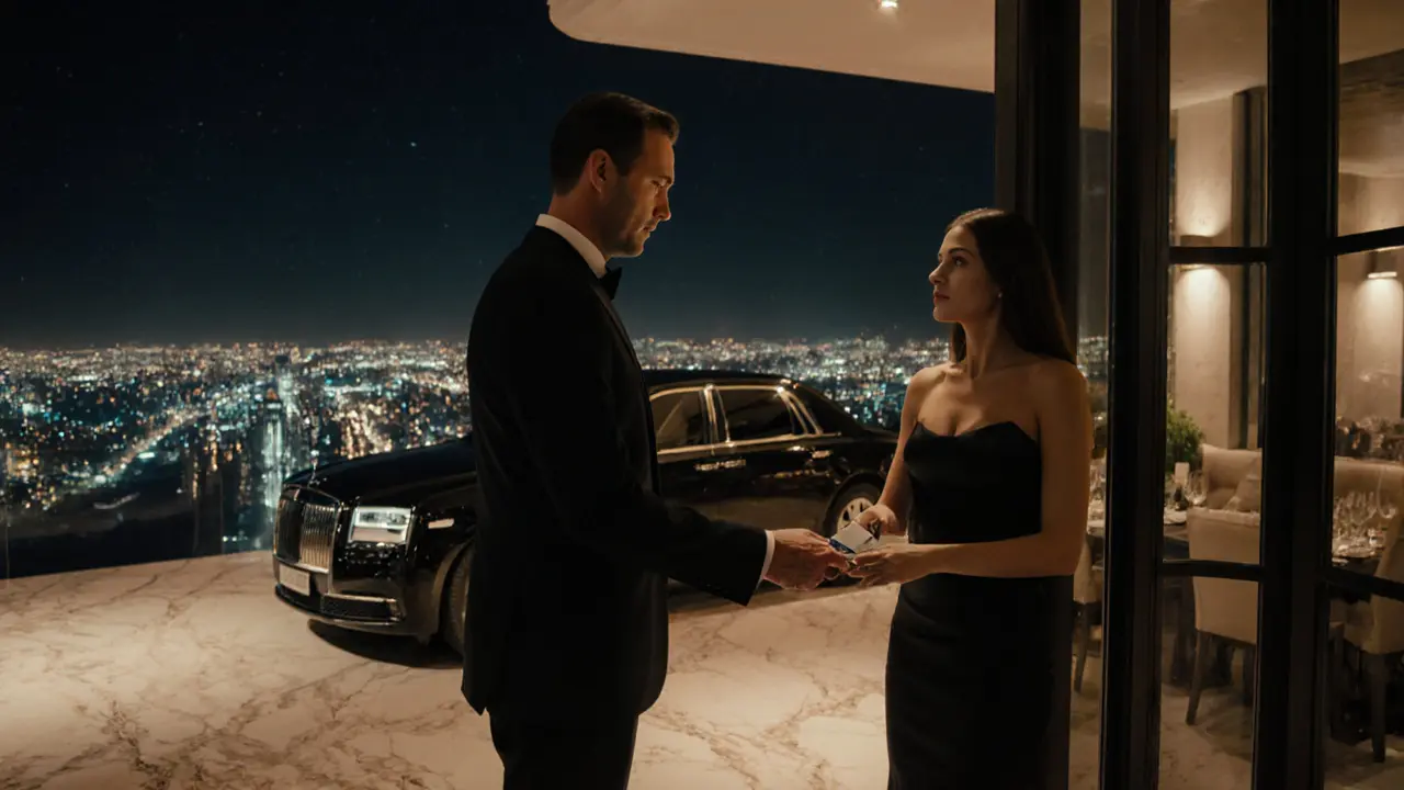 Man and escort exchanging a prepaid card on a marble terrace beside a waiting vehicle.