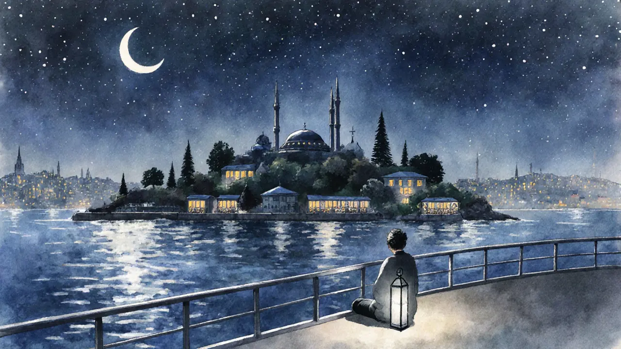 Midnight ferry on the Bosphorus, quiet island silhouette under starry sky with soft water reflections.
