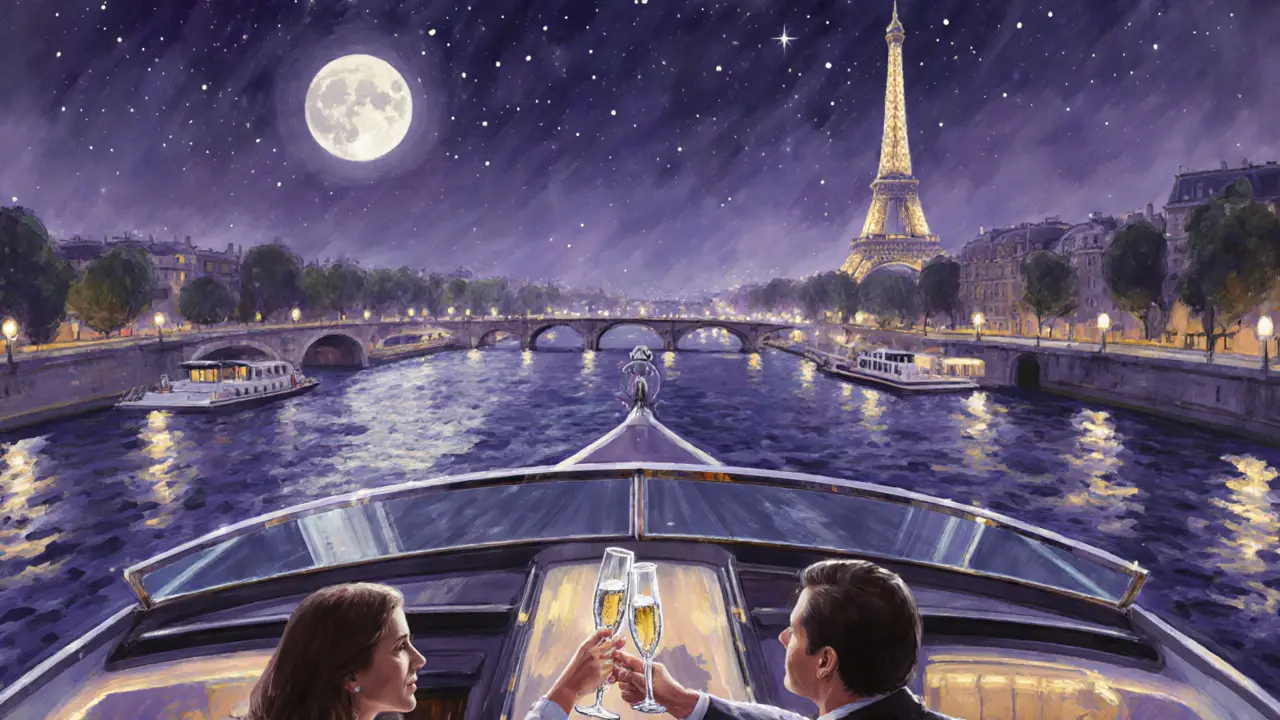 Private moonlit Seine cruise with champagne, Eiffel Tower sparkle and elegantly dressed couple.