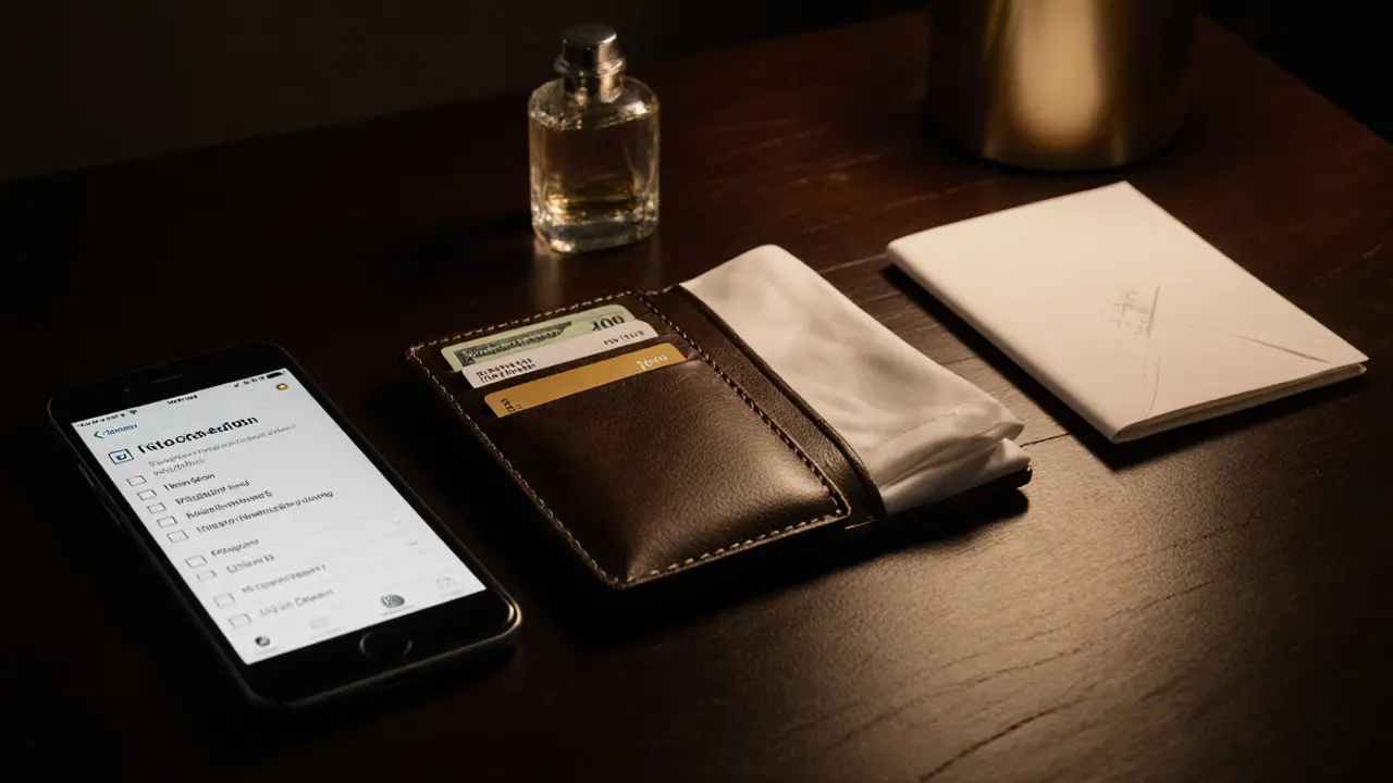 Refined checklist on a mahogany table showing phone, reservation, cash, credit card, perfume and tip envelope.