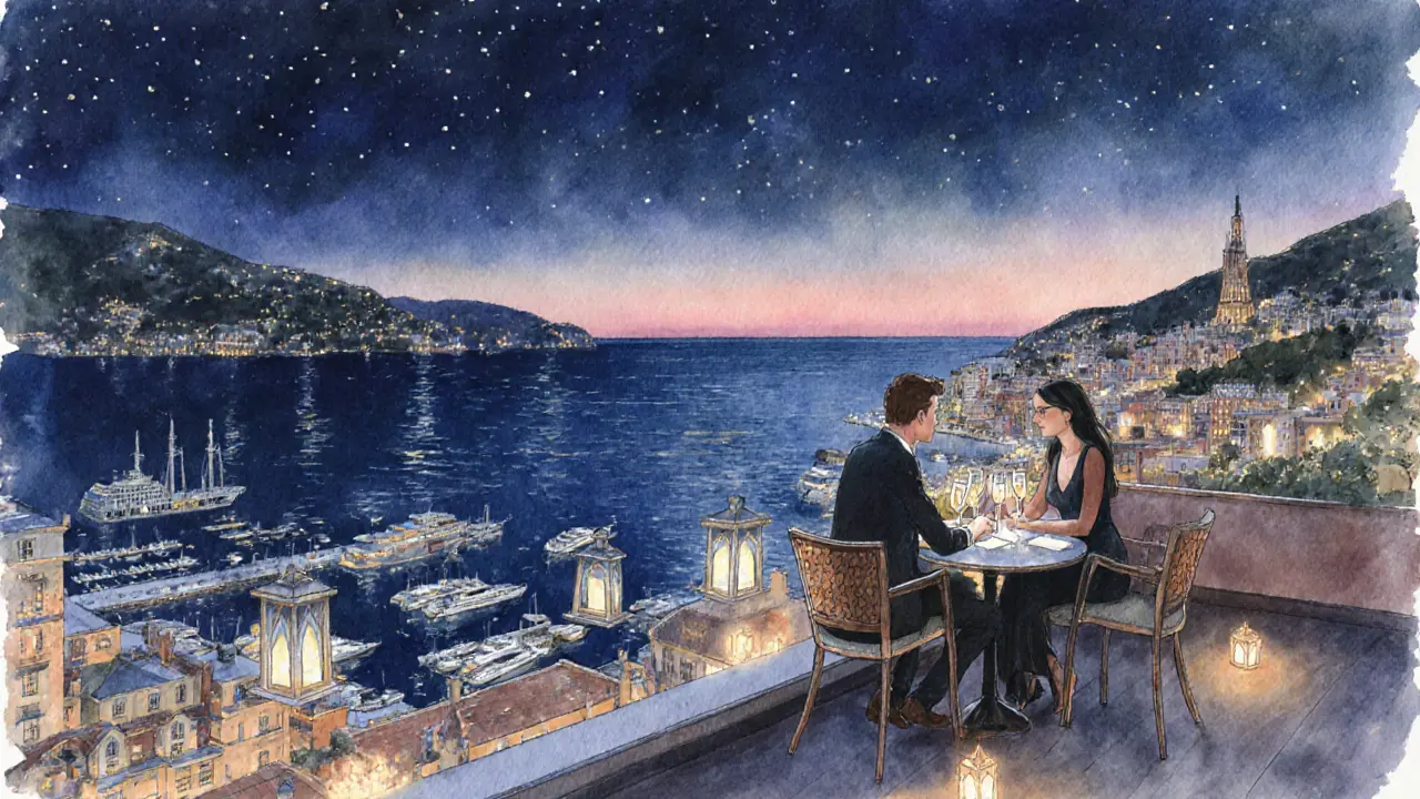 Rooftop bar La Note Bleue with a couple sipping drinks, overlooking Monaco&#039;s sparkling harbor at night.