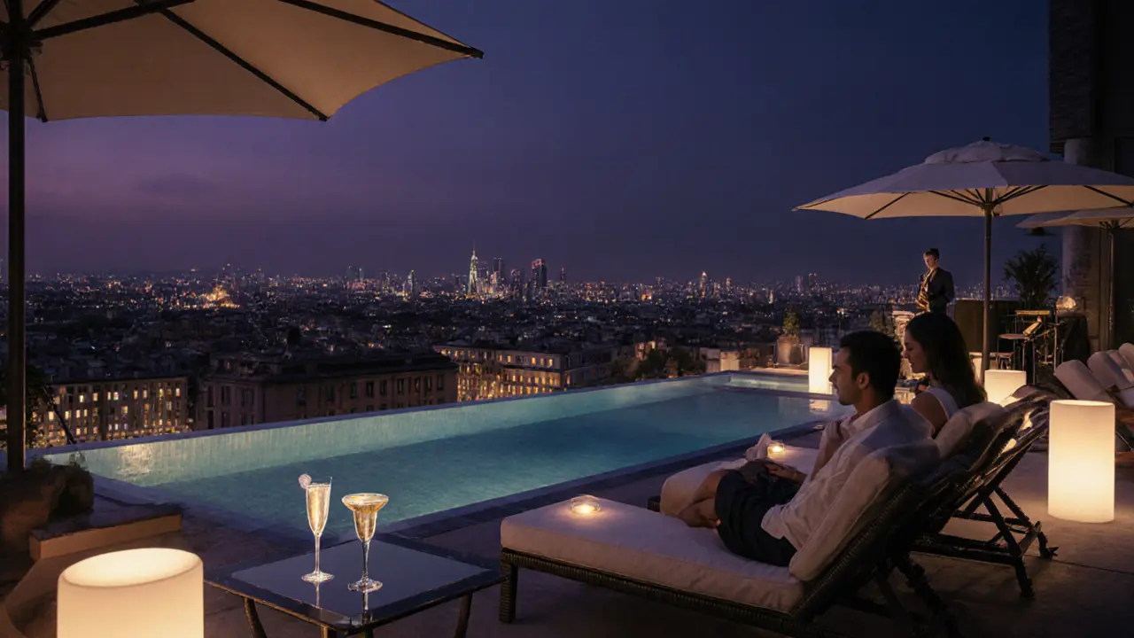 Rooftop pool party at Bulgari Hotel with escort, client, and glowing city skyline.