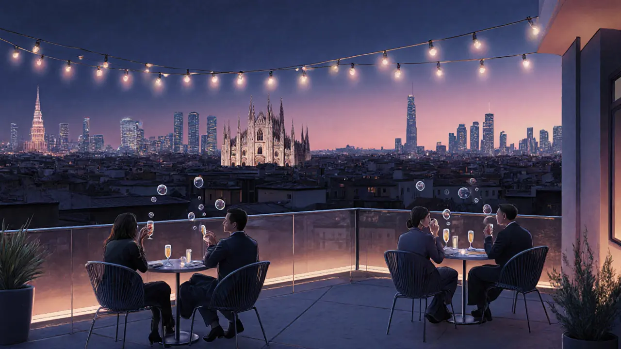 Rooftop terrace scene with guests sipping drinks and Milan skyline at dusk.