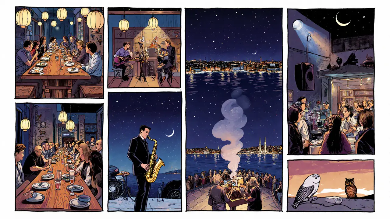 Sequence showing dinner at a meyhane, jazz performance, rooftop cocktail, club dancing, and late‑night kebab vendor.
