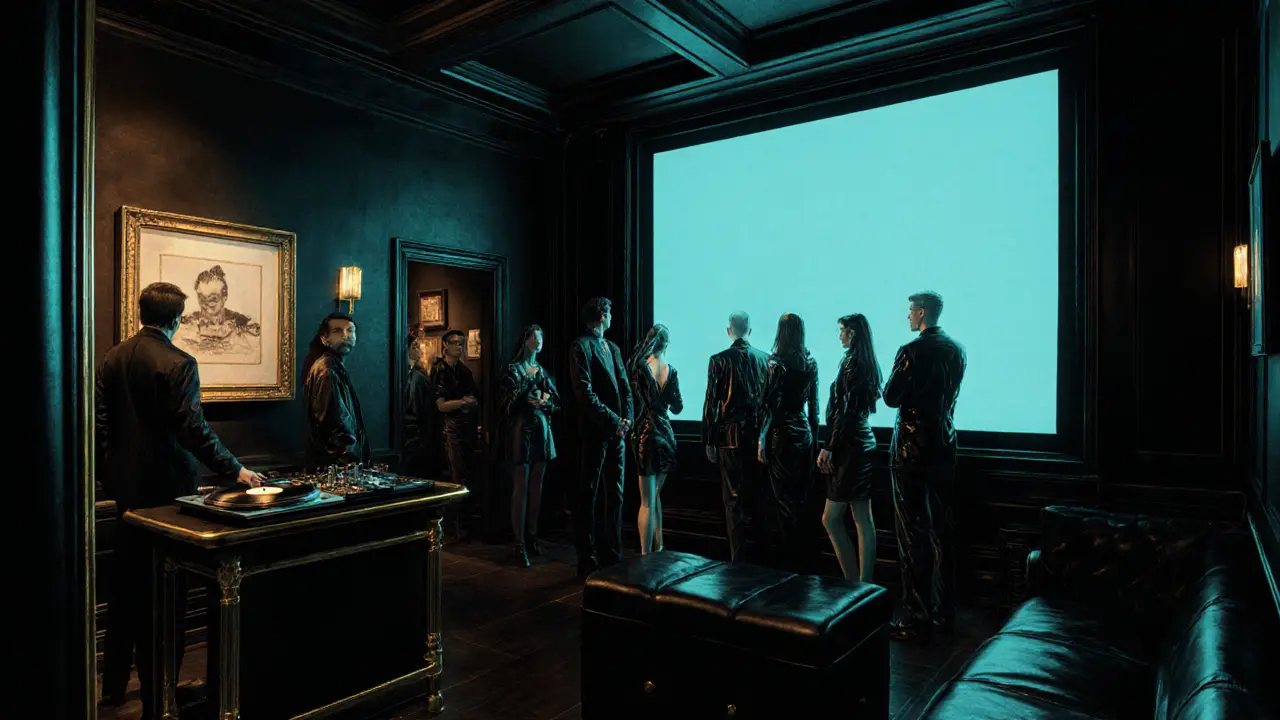 Silencio club interior, dark minimalist decor, private cinema screen and guests in sleek black attire.