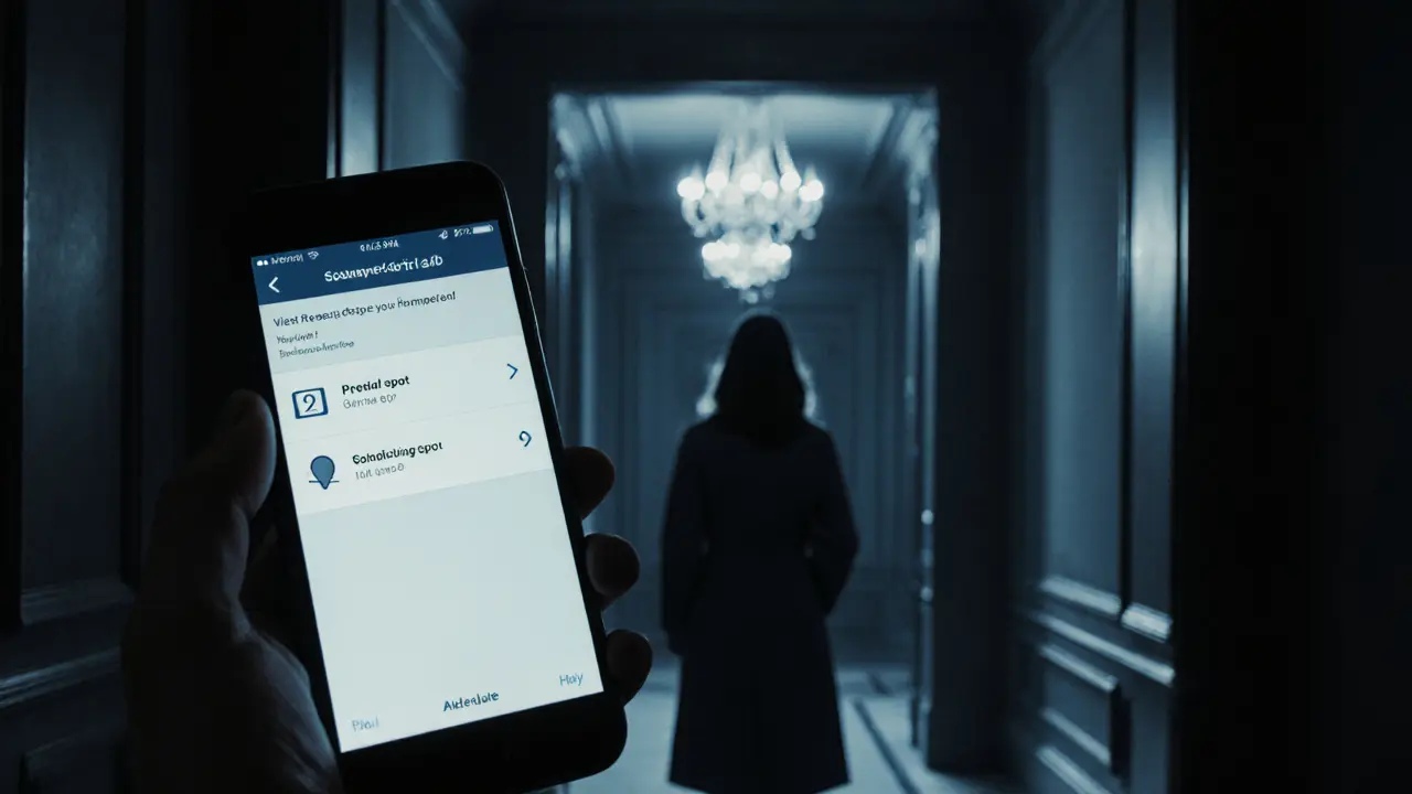 Smartphone screen showing client verification steps in a luxurious hotel lobby.