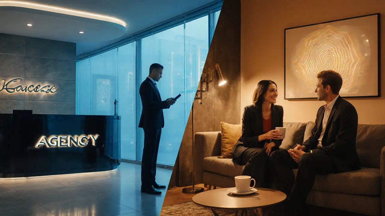 Split illustration showing agency office on one side and independent meeting in a studio on the other.