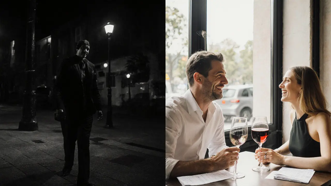 Split-screen contrast: stereotypical street encounter vs. respectful café meeting in Berlin.