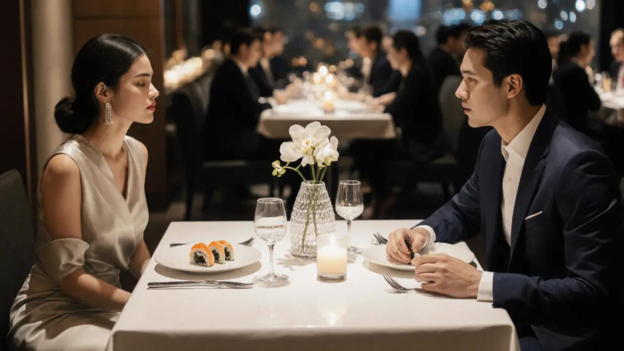 Two people in formal wear dining in a private booth at a high-end restaurant.