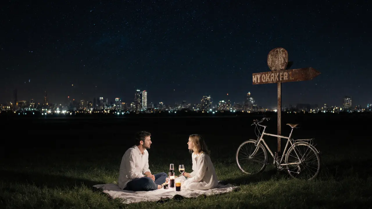 Two people sit together on a blanket under the stars at Tempelhofer Feld, city lights glowing in the distance.