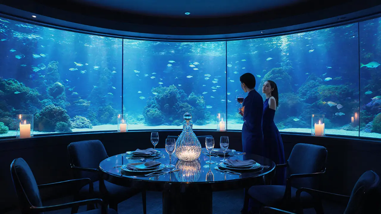 Underwater restaurant table for two with an escort in a blue dress sharing conversation.
