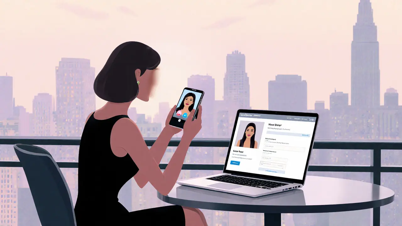 Woman in elegant dress using a smartphone video call at a rooftop café, with a laptop nearby.
